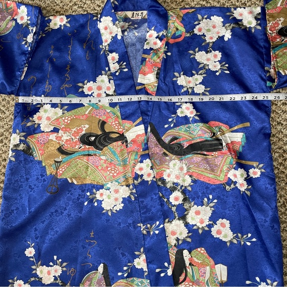 Vintage Juguemm Japanese Geisha & Cherry Blossoms Print Kimono Robe - Blue - Picture 7 of 13